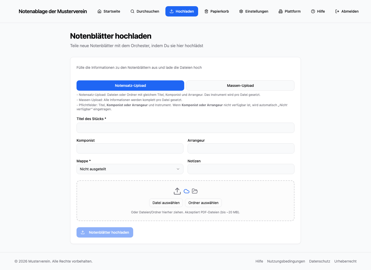 Upload eines neuen Notensatzes in MelodyShelf